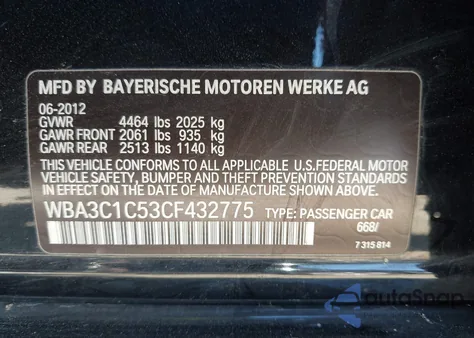 2012 BMW 328I from USA, damaged, VIN WBA3C1C53CF432775